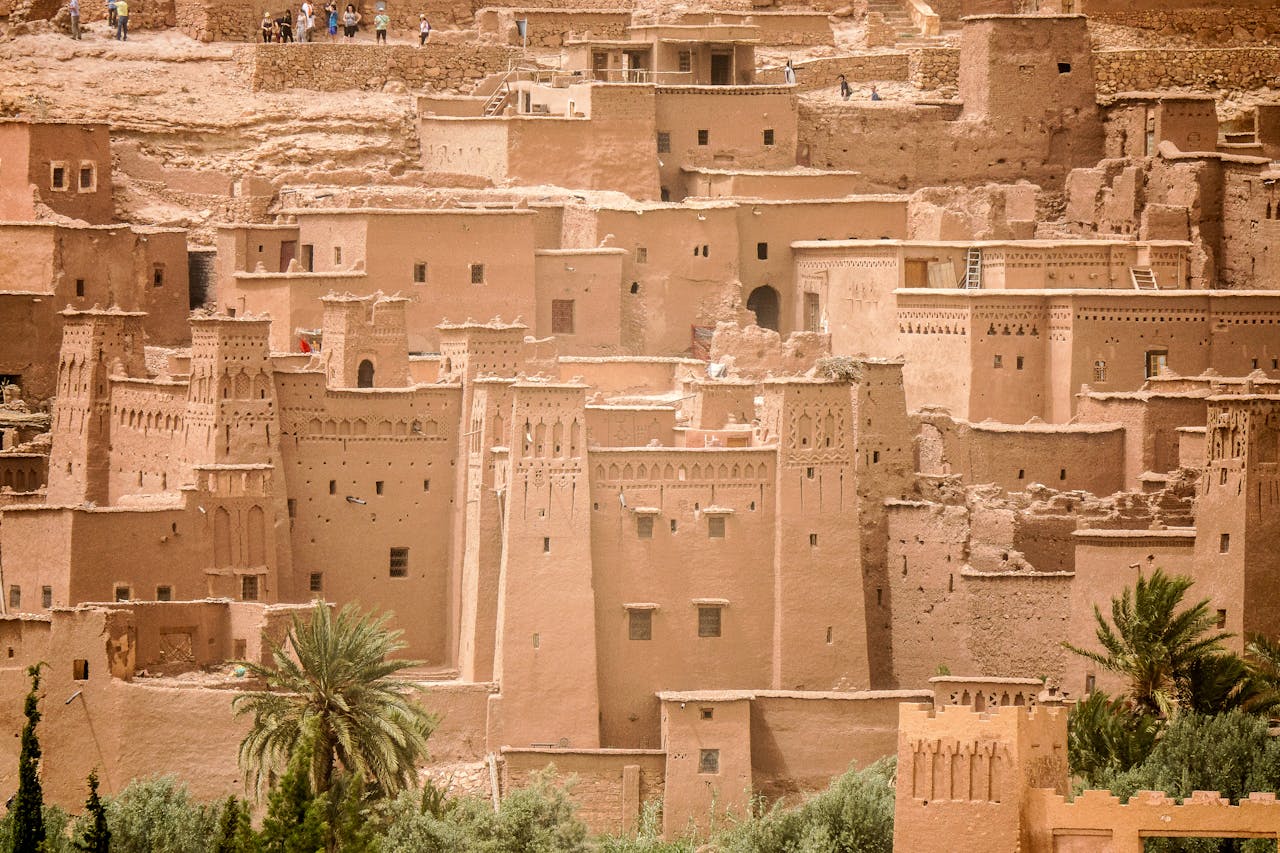 Clay architecture of Ait Benhaddou, a historic desert fortification in Morocco.